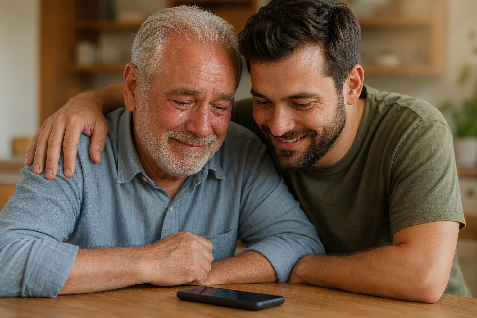 Vater und Sohn sind gemeinsam gerührt, als sie den persönlichen Song hören